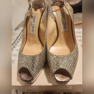 Jimmy Choo Fabric & Embossed Leather Peep Toe Platform Slingback Sandals Size 39